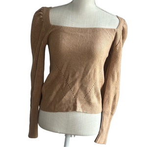 WAYF Women's Camel Pullover Puff Sleeve Squared Neck Sweater Size Medium